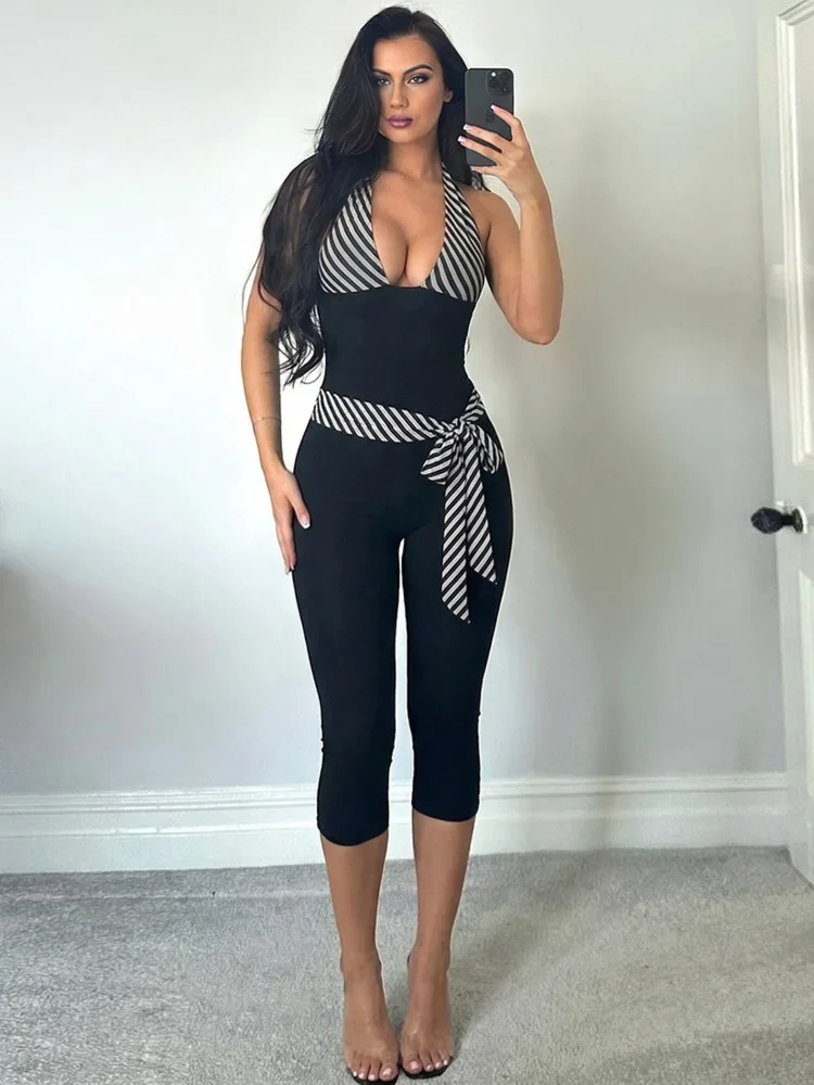 

Sibybo Sexy Halter Deep V-Neck Striped Patchwork Women Jumpsuit Sleeveless Backless Stretch Skinny Street Clubwear Overalls 2026