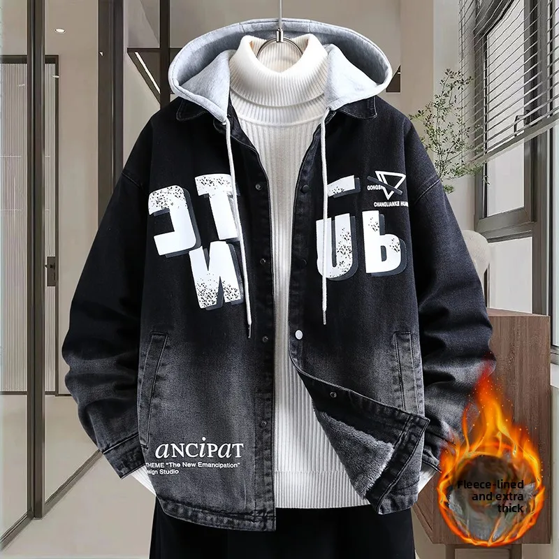 

Мужская джинсовая куртка с капюшоном, утепленная флисом, теплая, модная, молодежная, зимняя верхняя одежда, повседневная, стильная, с длинными рукавами, на пуговицах