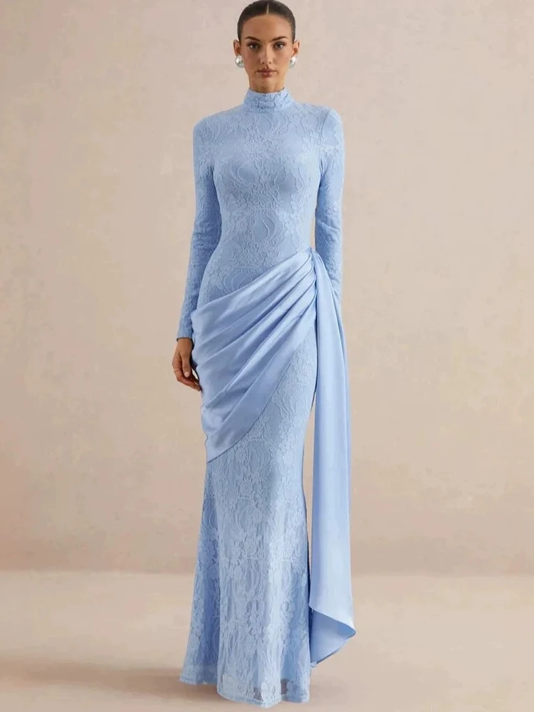 Mozision Women High Neck Long Sleeve Lace Sexy Maxi Dress Satin Drape Side Split Formal Evening Party Gown Wedding Guest Dress