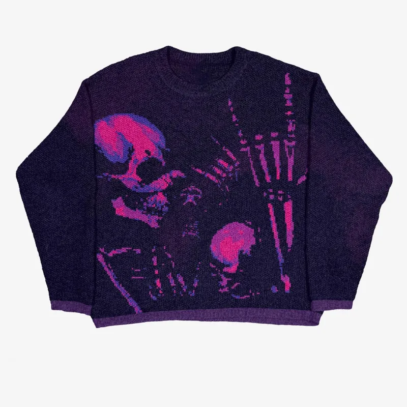 Hip Hop Oversized Knitted Sweaters Streetwear Harajuku Pullover Gothic Anime Skull Skeleton Pattern Knitwear Halloween Costume