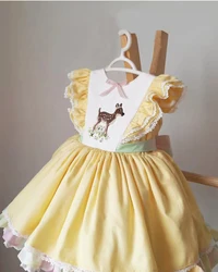 Baby Girl Summer Yellow Deer Embroidery Vintage Spanish Princess Ball Gown Dress with Colored Headband for Party Holiday EidB237