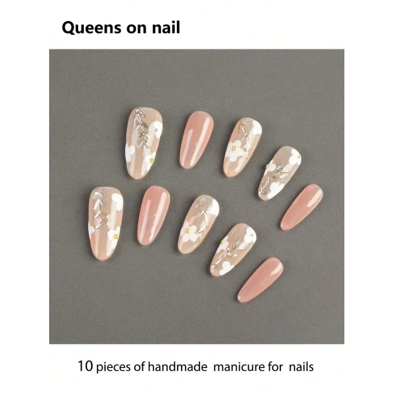 

10 Pieces Handmade False Nails Almond Style False Nails/Glossy/Hand-Painted White Flowers And Leaves/Cute