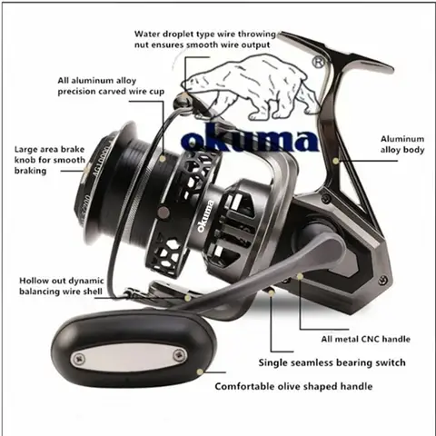 AS Aosha Okuma spinnrock, helt i metall med långt utkast, mattgrå fiskelina, vattendroppshjul, fiskeutrustning för ankarfisk 12 best sales Okuma-rulle - №6