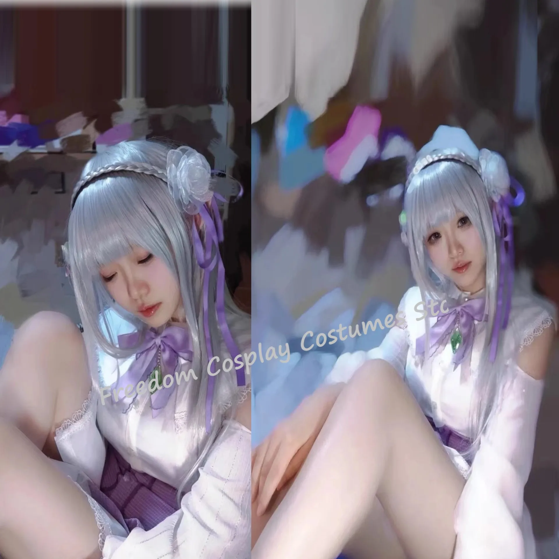 إميليا لوليتا موعد فستان كامل غطاء الرأس تأثيري أنيمي إميريا إعادة الحياة في عالم مختلف من الصفر شعر مستعار