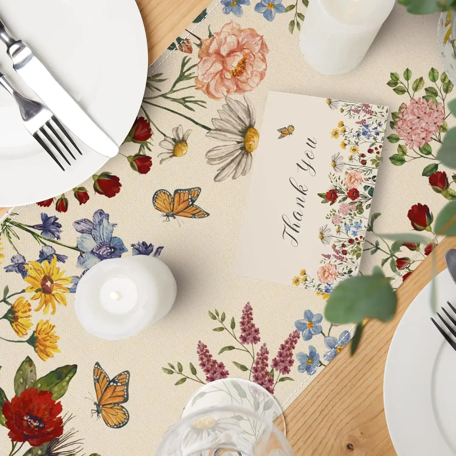 Spring Watercolor Wildflower Linen Table Runner for Holiday Wedding Party Decor Spring Vintage Table Runners Dresser Scarf Decor