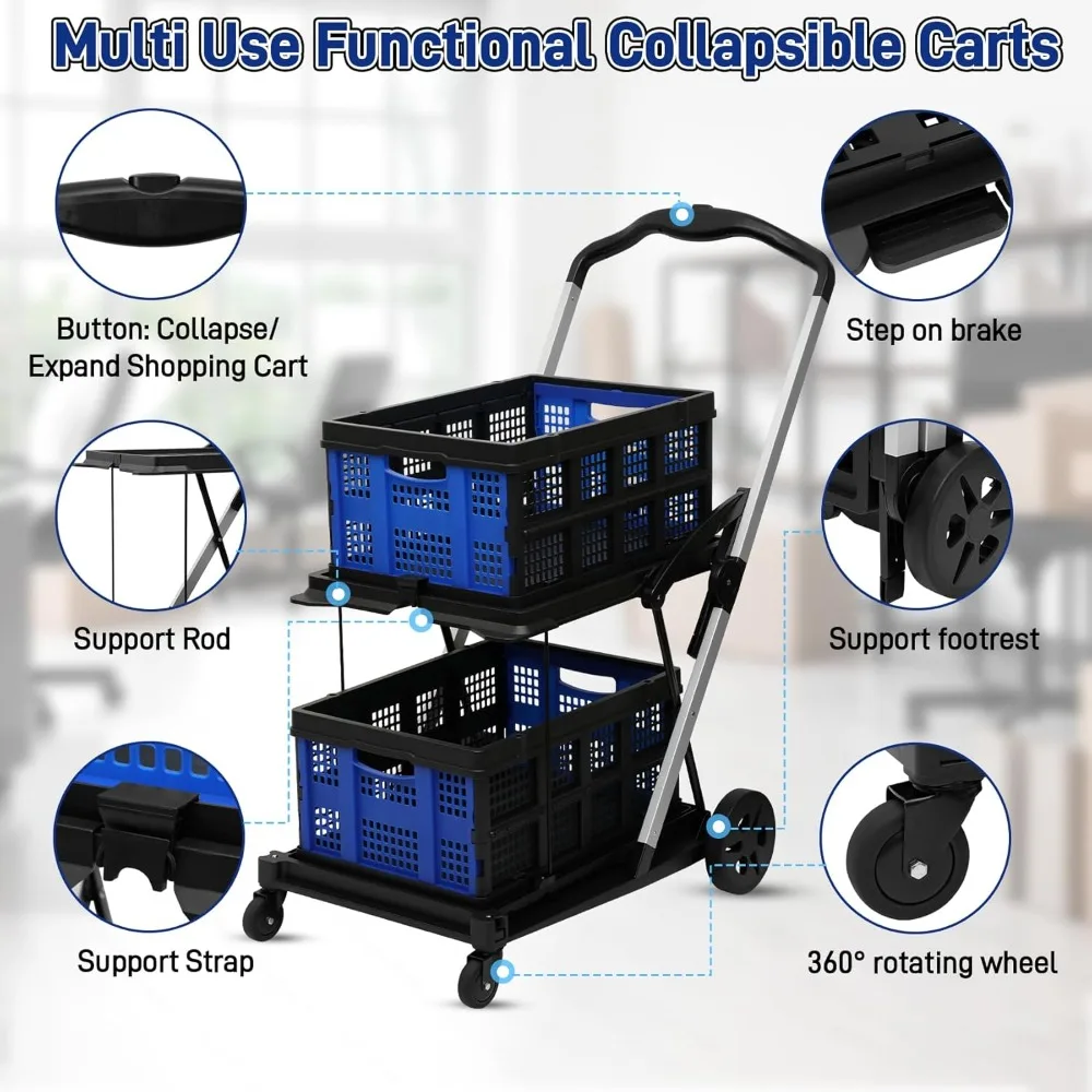 عربة تسوق متعددة الأغراض قابلة للطي بطبقتين مع عجلات لتسوق البقالة واستخدام المطبخ وأسواق المزارعين #3
