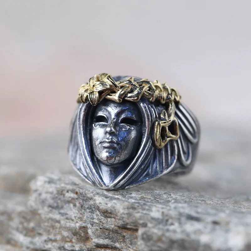 

Sterling Silver Ring, Vintage Bronze Style Band with Goddess Head Sculpture, Men's Unique Statement Jewelry Gift