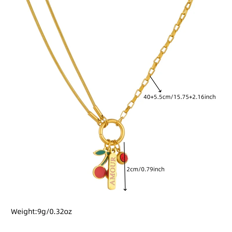 DIEYURO 316L Stainless Steel Red Cherry Zircon AMOUR Letter Pendant Necklace Women New Trend Fashion Neck Ab Chain Jewelry Gift