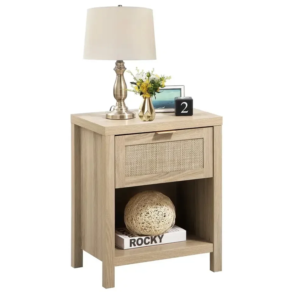 Rattan Nightstand Bedside Table with Drawer and Storage Shelf, Natural Boho Night Stand End Table Side Table, Nightstands