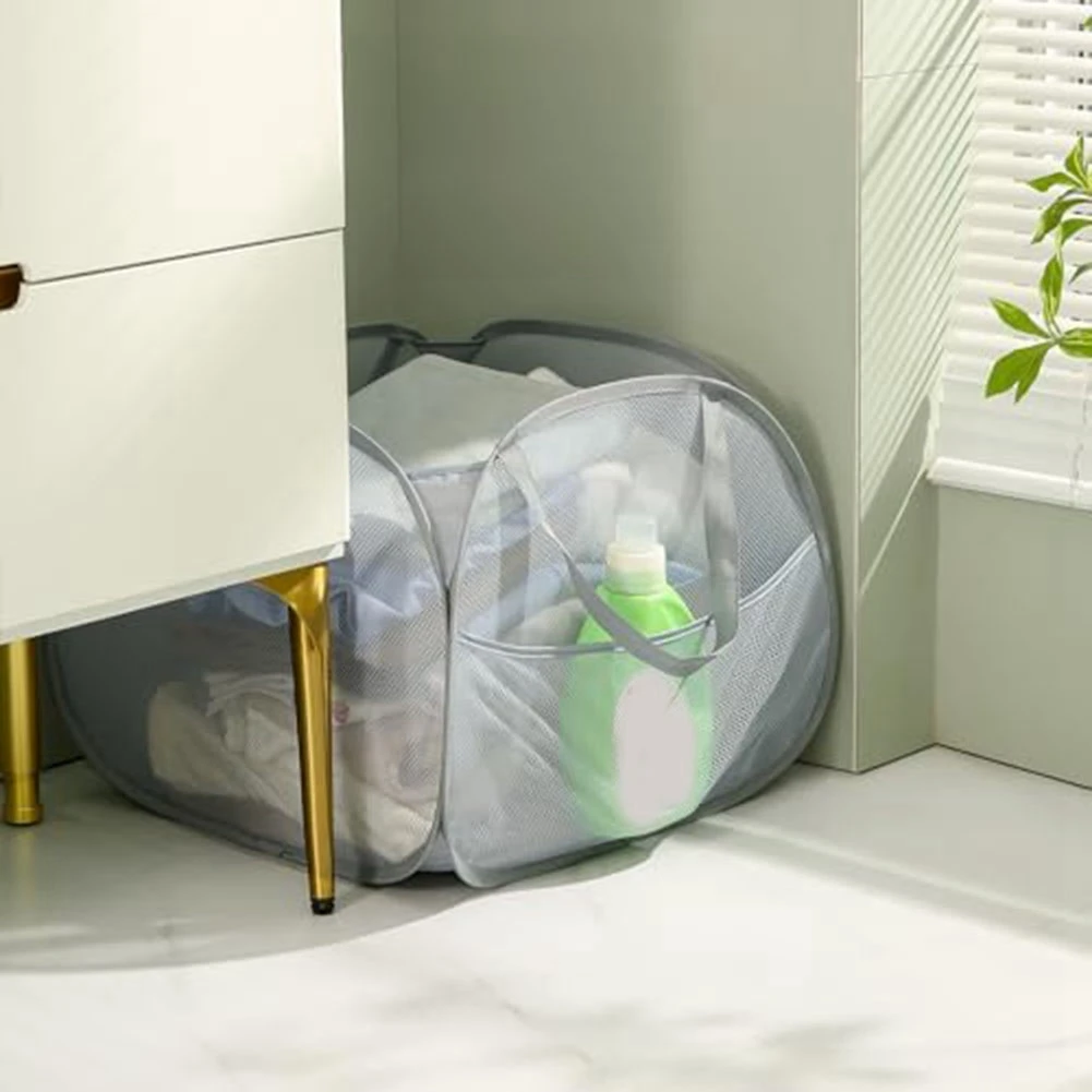 SEWS-Collapsible Mesh -Up Laundry Hamper With Strong Handles, Opening Clothes Hamper With Side Pockets, Storage Baskets