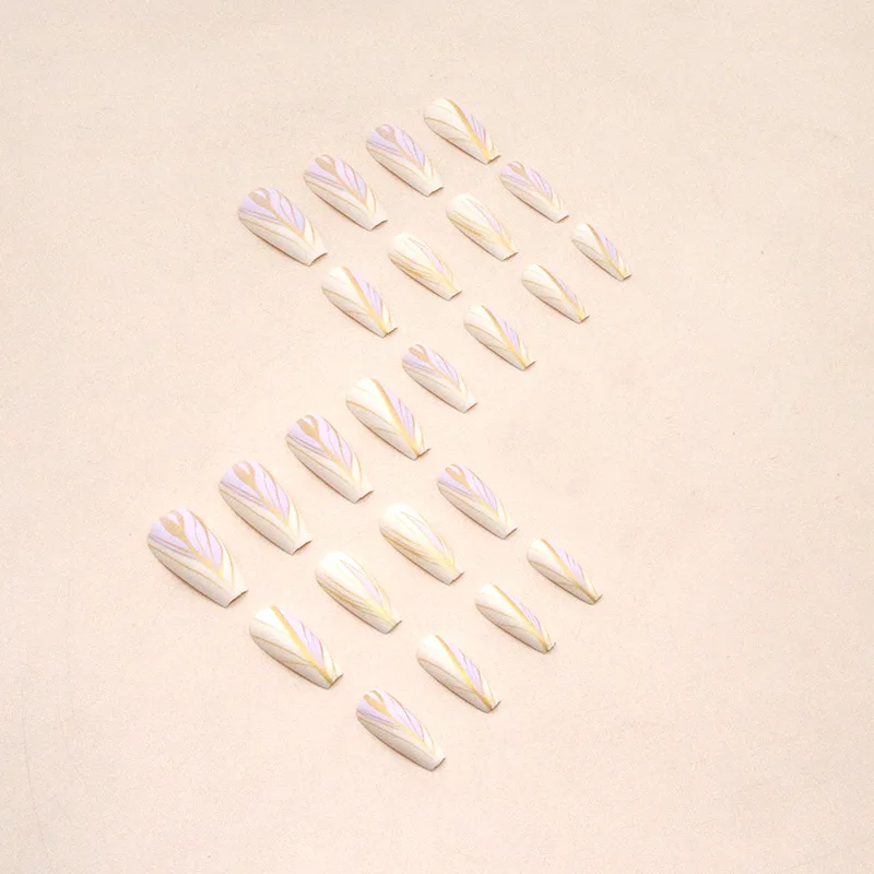 3D fake nails accessories long french T shape tips Gold thread frosted false nails DIY faux ongles press on acrylic nail set