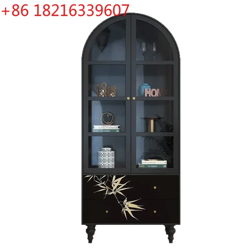 YAONew Chinese Style Solid Wood Wine Cabinet Bookcase Dining Sideboard Wall Mounted Tea Storage Glass Display Cabinet for Living