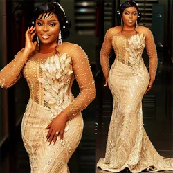 Champagne Long Sleeve Mermaid Evening Dresses Sequined Beaded Prom Dress Women Party Second Reception Birthday Engagement Gowns