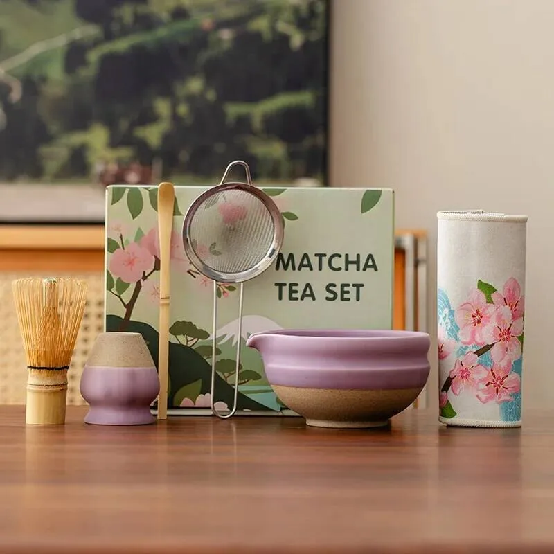 

6PCS Japanese Matcha Set: Ceramic Bowl, Bamboo Whisk, Tea Scoop, Tea Towel, Tea Strainer, Whisk Stand – Can Be Used As A Gift
