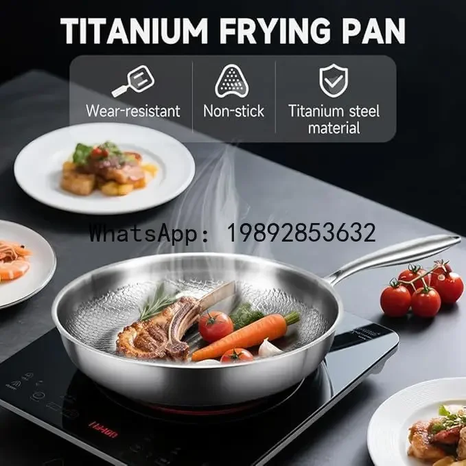 

Hammered finish flat-bottom frying pan - pure titanium stainless steel tri-ply construction - heavy-duty non-stick for home use