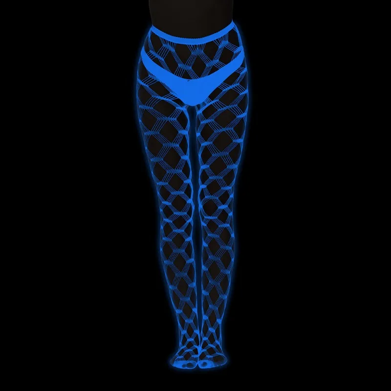 Leggings luminosi da notte da donna Collant a luce blu Calzini a rete luminosi cavi in pizzo Calzini jacquard sexy fluorescenti
