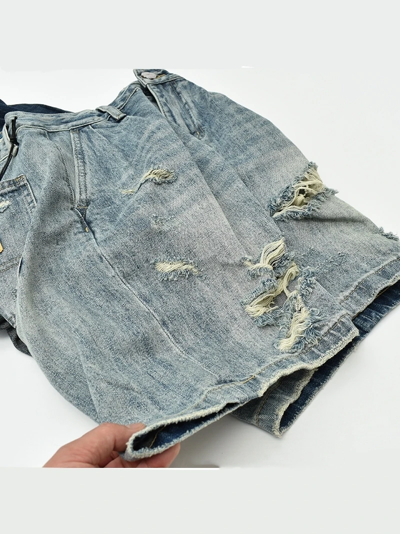 

Летние мужские свободные повседневные джинсы из неэластичного денима, с эффектом потертости, прямого кроя, длиной до колена, для повседневной носки