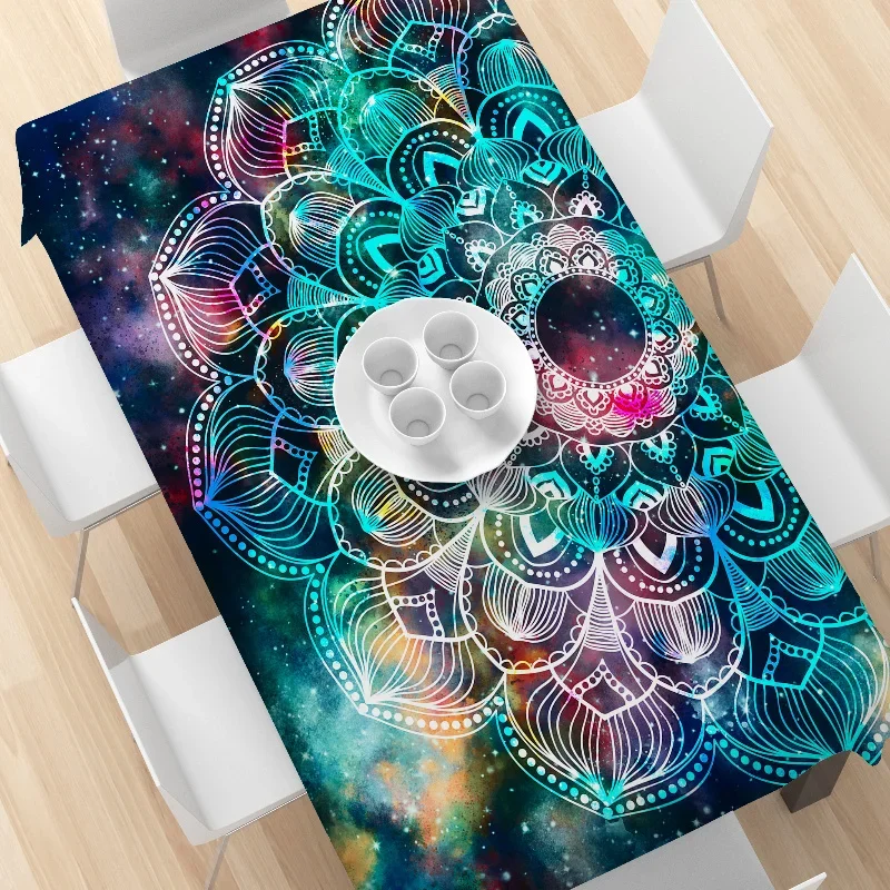 One piece of abstract geometric tablecloth star field with a colorful galaxy background.PMJ