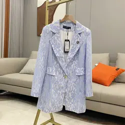 2024 Spring and Autumn Long Sleeved Button Slim Fit Mid to Long Lace Small Suit Ice Silk Jacket