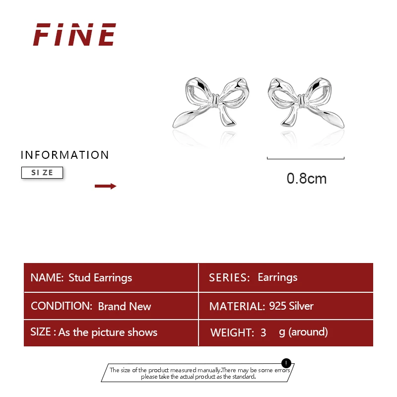 Fashion 925 Silver Needles Sweet Cute Bow Stud Earrings for Women Silver Color Simple Minimalist Ear Piercing Jewelry Gift