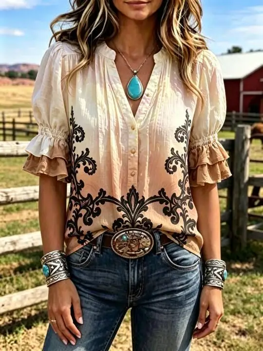 Women Western Tie‑Dye Gradient Blouse V‑Neck Full Button Double Ruffle Short Sleeve Vintage Ornament Print Cowgirl Casual Top