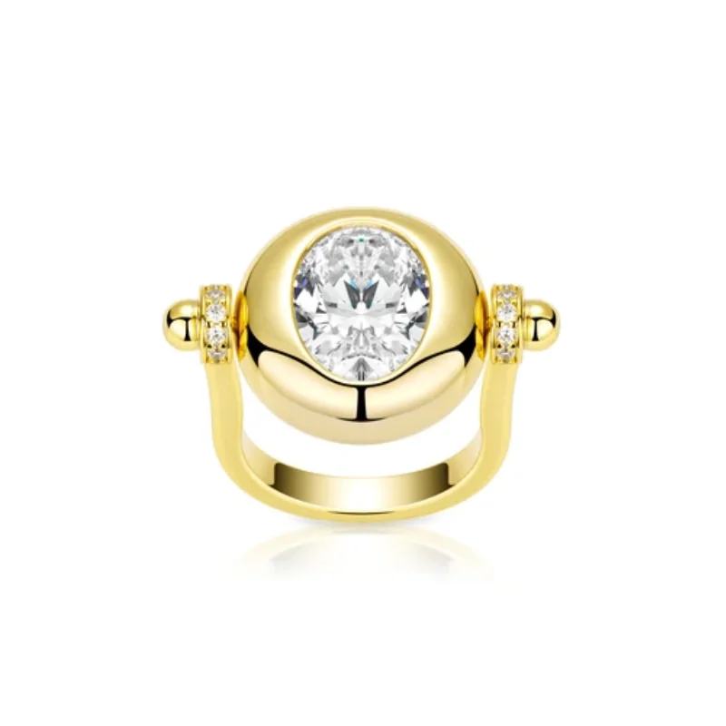 Cameo Women Trendy Rotatable Oval Cubic Zirconia Ring Gold Plated Chunky Ring Unique Spinning Cocktail Party Jewelry