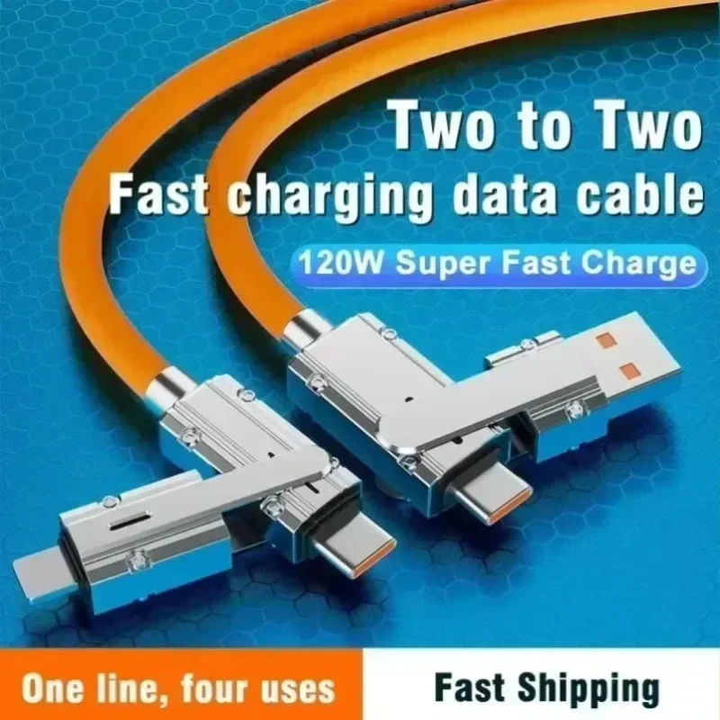 Type C Charging Cable 4-in-1 100W Fast Charge USB Dual Elbow LED Display Zinc Alloy for Phone Smartphone Gaming Universal