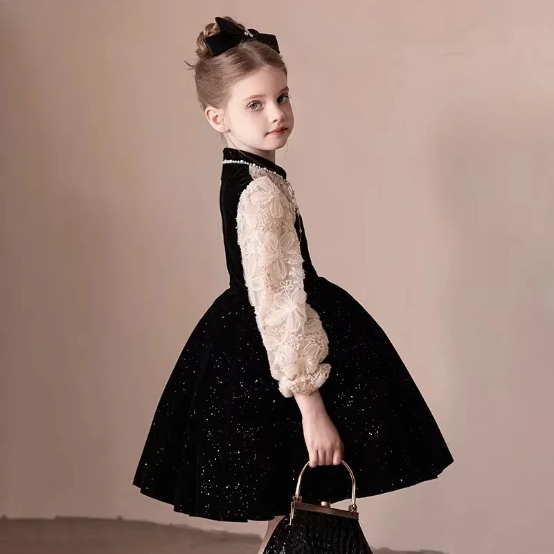 2025 Girls Dress Spring French Black Princess Dress Outer Wear Sweet PrincessCostume Vestidos Dresses Kids Children Clothing