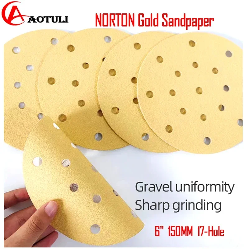 NORTON 150mm 6in 17-Hole Flocking Sanding Disc 80-500Grit Dry Sandpaper Auto Putty Wood Grinding Sheet