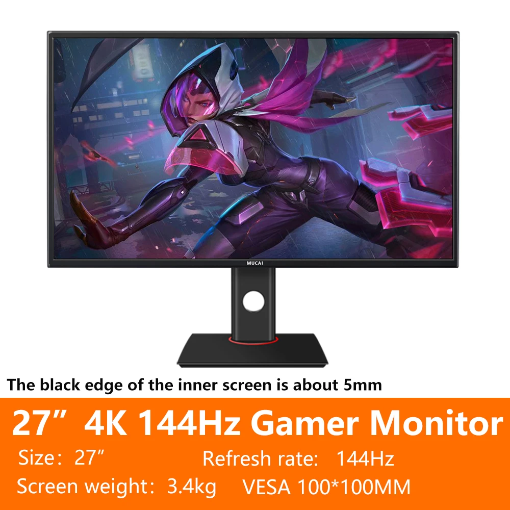 MUCAI 27 Inch 4K Monitor 144Hz Display IPS Desktop LED Gamer UHD Computer Screen HDMI-compatible 2.1/DP/3840*2160