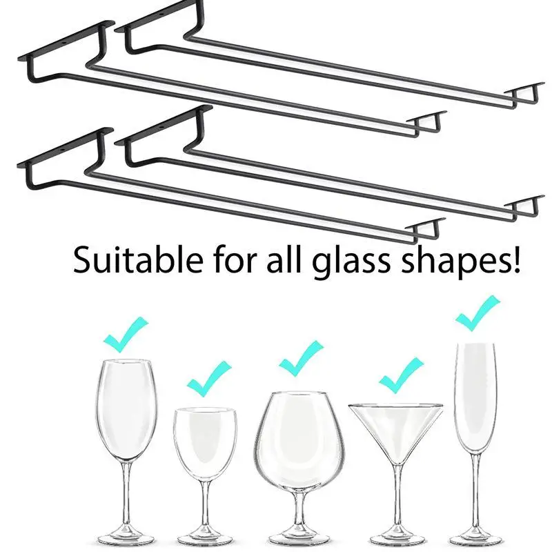 New 1 PCS Black Wall Mount Wine Glass Holder, Under Cabinet Hanging Stemware Rack For Kitchen & Bar