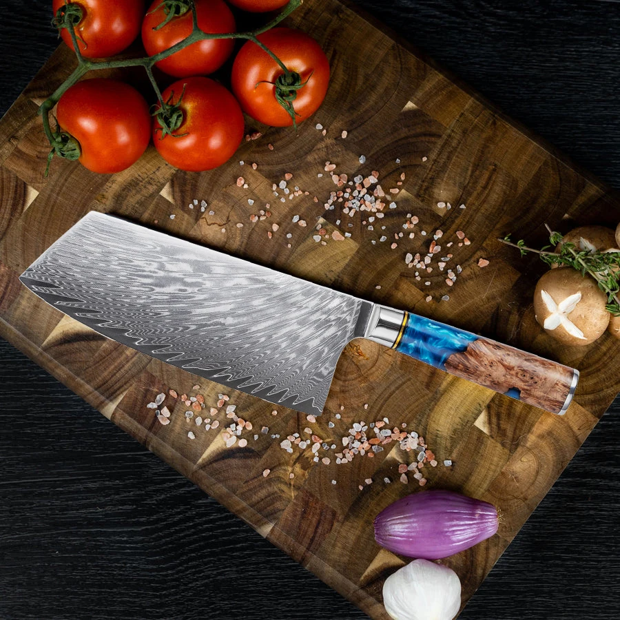 Kitchen Knives-Set Damascus Steel Chef Knife Cleaver Paring Bread Knife Blue Resin Handle  set
