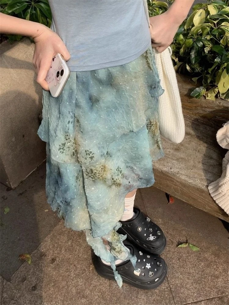 

Deeptown Vintage Irregular Short Skirt Women Elegant Fairycore Boho Ruffle Skirts Y2k Summer Tie-dye Layered Skirts Streetwear