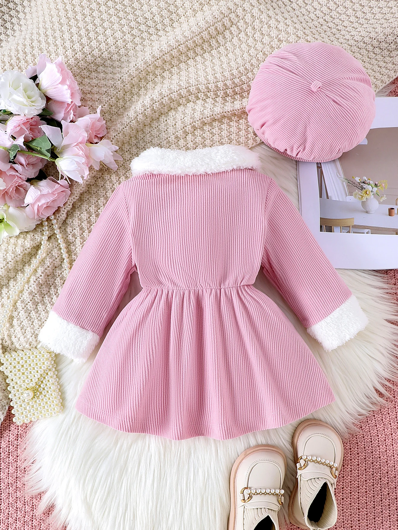 2PCS Winter New Style For Girls Aged 0-3, Comfortable Foreign Style, Sweet Fluffy Stitching Pink Dress + Hat