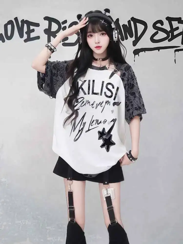 

2025 Y2k Oversized T-shirts Milk Sweet Print Short-sleeved T-shirt Women Summer Anime Girl Sweet And Spicy Harajuku