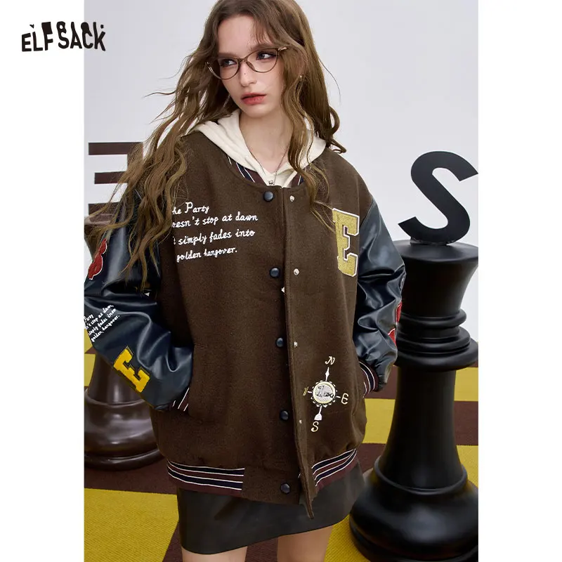 ELFSACK 2025 Winter New Arrivals Casual Graphic Panel Sleeve Wool Blend Coat For Woman
