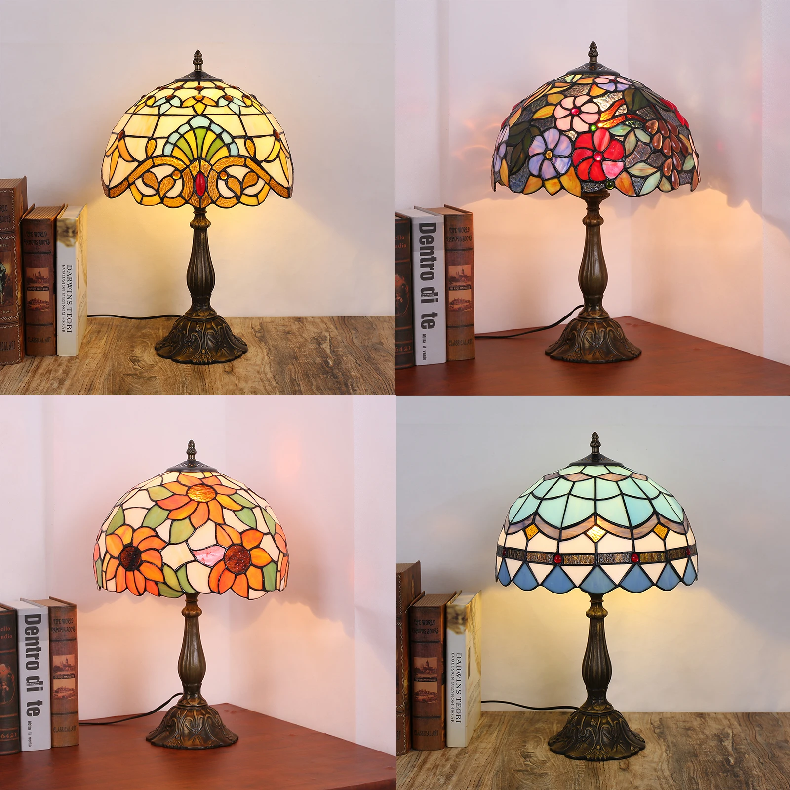Classic French LED Table Lamp 8 Inches Stained Glass Bedside Lamp Red Rose Desk Reading Light Bedroom Living Room Home Office