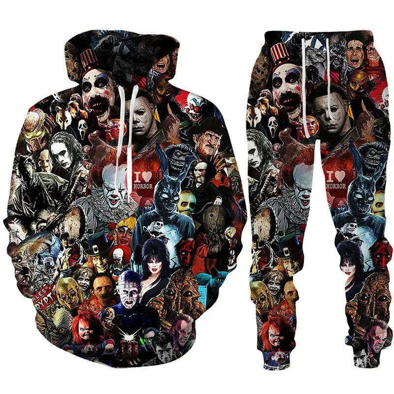 Conjunto de moletom com capuz e moletom masculino de horror filme 3D, agasalho casual, moletons, roupas de outono, terno horror, 2 peças