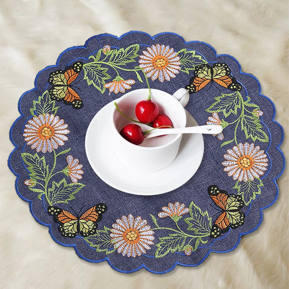 29cm Round Placemat Rustic Style Floral Butterfly Embroidery Outdoor Garden Wedding Table Decoration Non-slip Fabric Washable