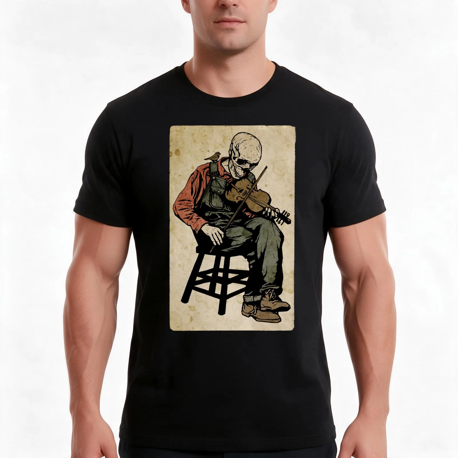 The Death Fiddler And His Sparrow Companion T-Shirt, Summer Casual Cotton Tee, Oversized Streetwear Tops, Vintage Graphic Print