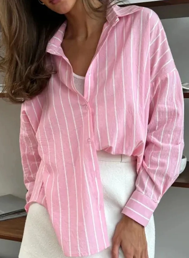 

Women Linen Blend Shirt Long Sleeve Cardigan Striped Cover Up Lightweight Breathable Lazy Style