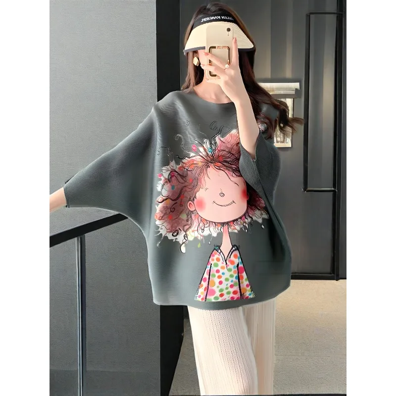 

Miyake Pleated T-shirt Loose Plus Size Tops Female Tops 2025 Summer New Casual Versatile Thin Pleated Printed T-shirt Women