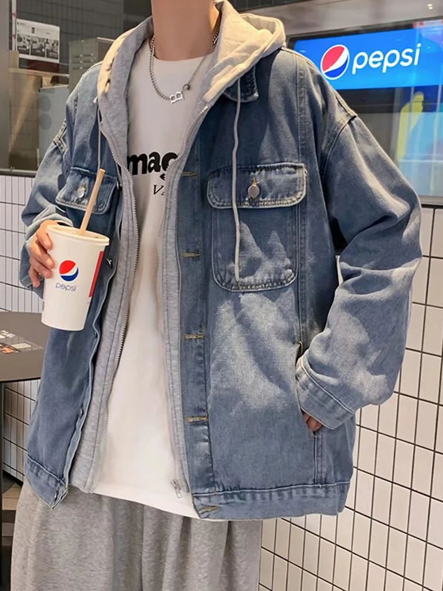 

Cool Haome Loose Fit Hooded Denim Jaet for Men Trendy Autumn Winter Outerwear Korean Sle Fake Two-Piece Top