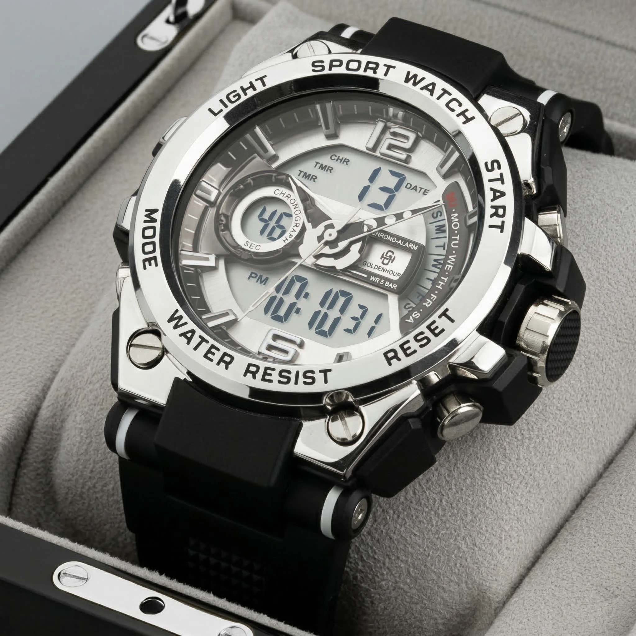 GOLDEN HOUR Herren Militär-Sportuhr Dual-Display Analog-Digital Quarz-Armbanduhr 50M Wasserdicht Männliche Uhr Relogio Masculino