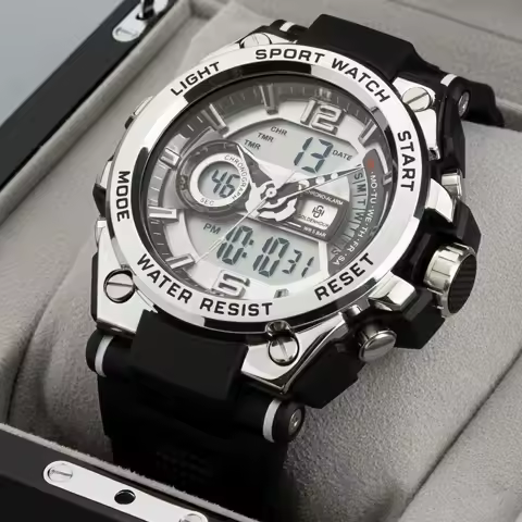 GOLDEN HOUR Men Military Sport Watch Dual Display Analog Digital Quartz Wristwatch 50M Waterproof Male Clock Relogio Masculino