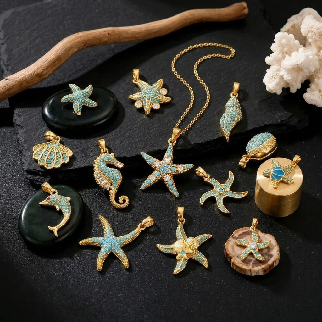 Image of 2 Stück blaue Zirkonia-Ozean-Anhänger in Seestern- und Muschelform, Melonen-Anhänger für DIY-Halsketten, Ohrringe, Schmuckherstellung, Bastelbedarf