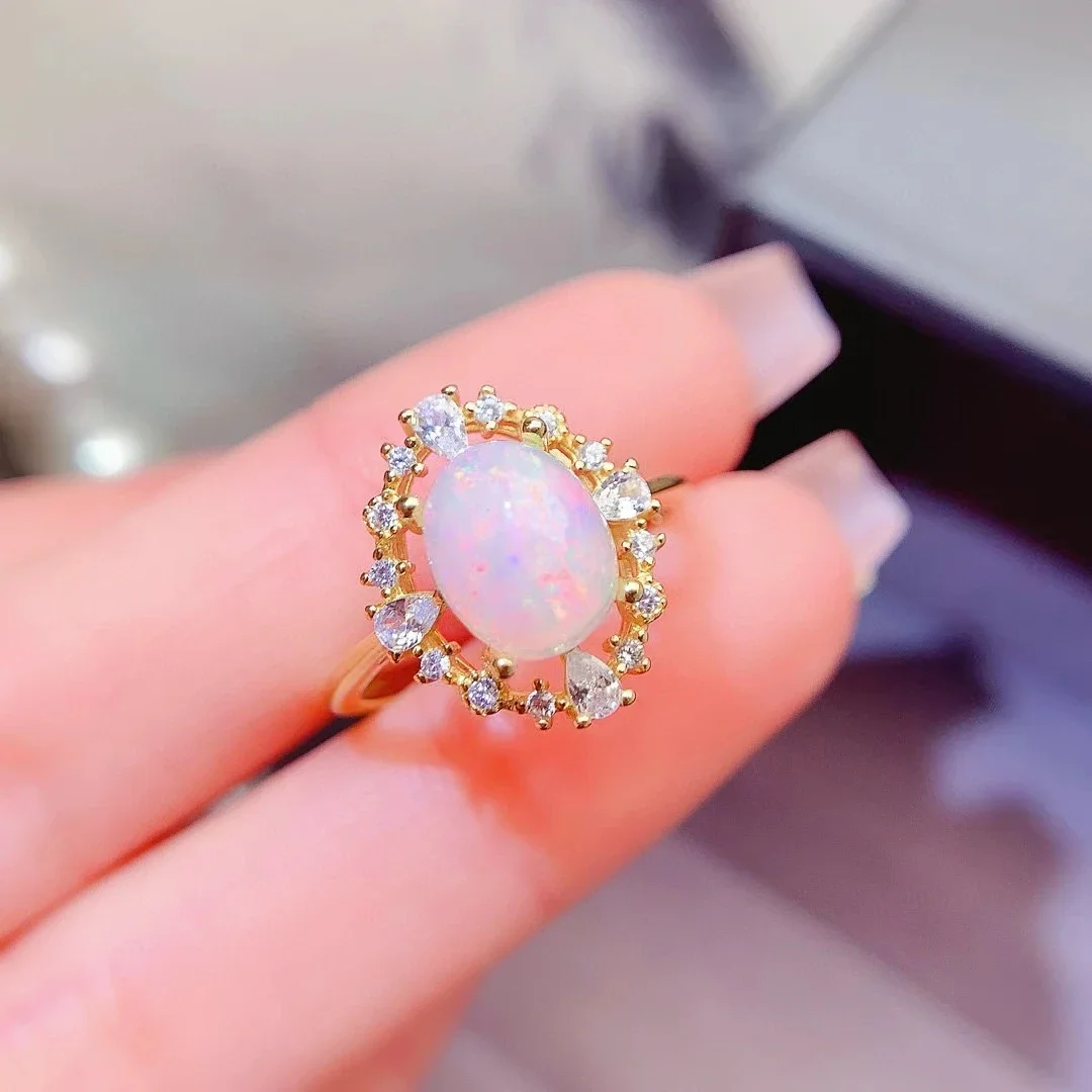 

100% Natural White Opal Ring 7mm*9mm Australian Opal 925 Silver Ring with 3 Layers 18K Gold Plating