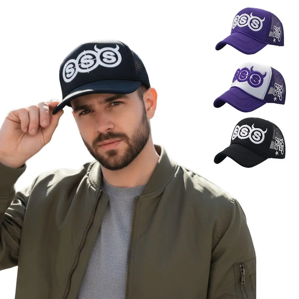Devil Horn Design SSS Devil Horn Cap Embroidery Style Adjustable Back Embroidery Hip-Hop Cap Mesh Panels Peaked Baseball Cap