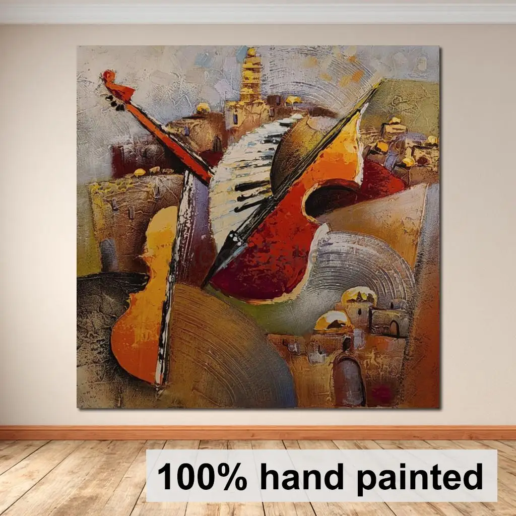 Handgefertigtes abstraktes Jerusalem-Musik-Ölgemälde, moderne musikalische Wandkunst, zeitgenössische strukturierte Leinwand für Wohnzimmer- und Bar-Dekoration.