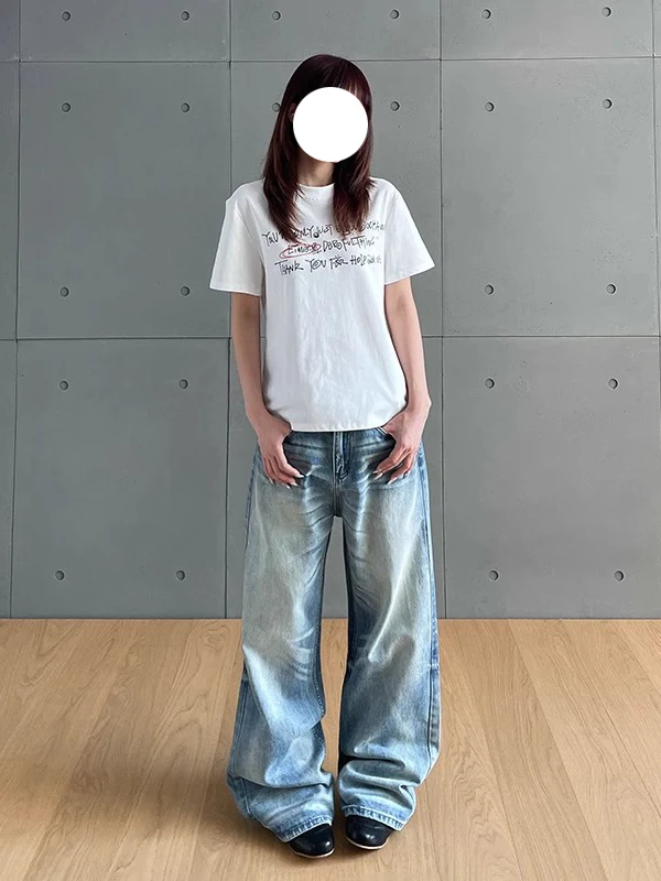 الرجعية الأمريكية Waed الدينيم الجينز فضفاض مستقيم الساق السراويل الطويلة ex Cleanfit الراقية الشعور ملابس غير رسمية جميع الفصول #4